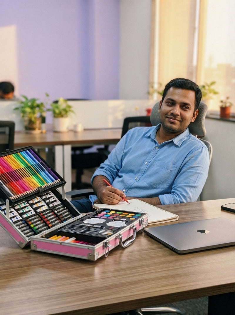 A professional man taking a mindful break from work by drawing with pencils from an open unicorn art kit on his office desk.